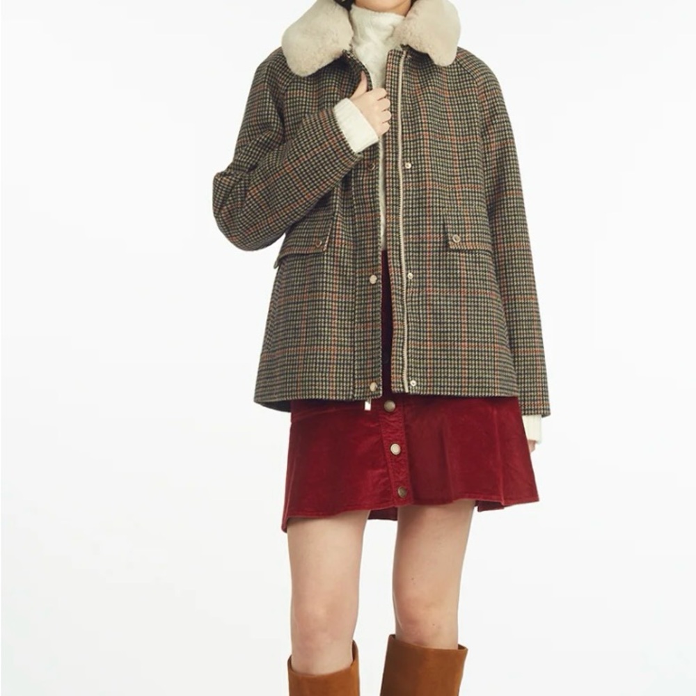 Sanctuary Houndstooth Plaid Coat with Faux Fur Collar Size Medium - New